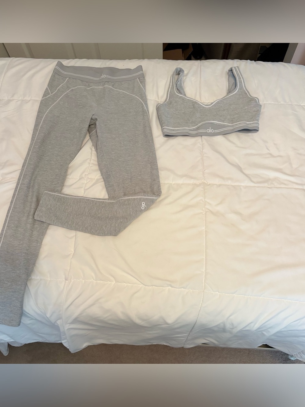 ALO Yoga Light Gray Seamless Sports Bra and Leggings Set